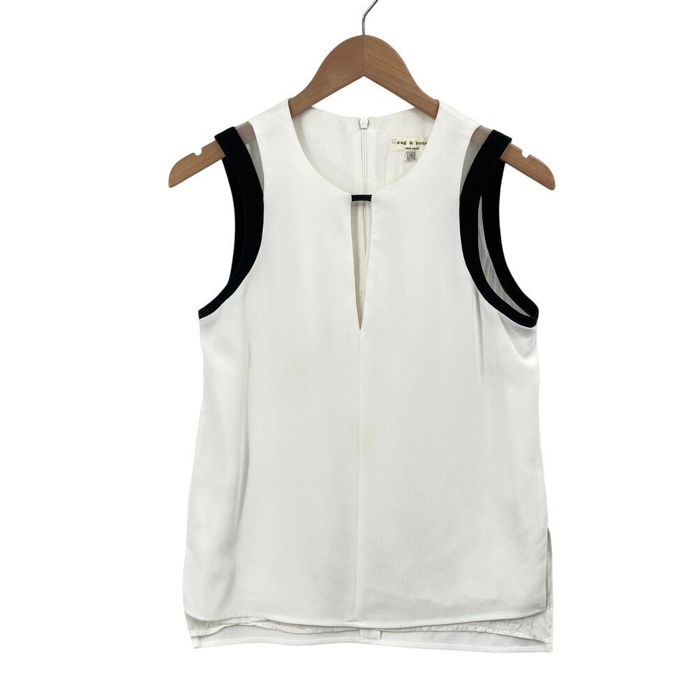 Rag & Bone Womens Small Ivory Black Trim Sleeveless Silk Blend Career Top